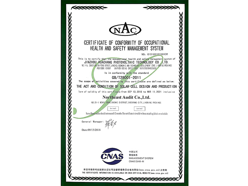 職業(yè)健康安全管理體系認證證書（英文）